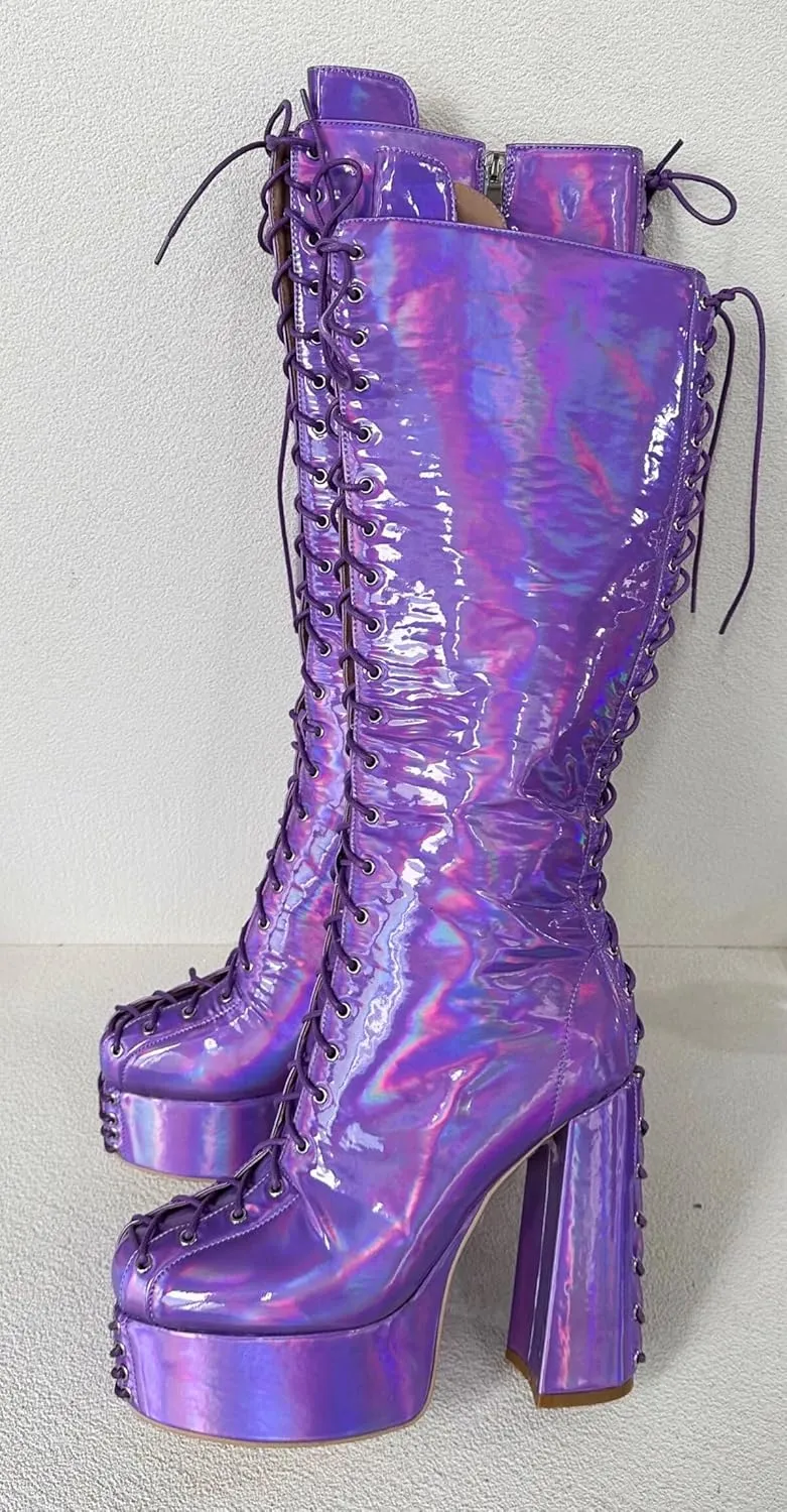 Frankie Hsu Ladies Sexy Chunky platform Knee High Heeled Boots, Purple Patent Laser Lace Up Goth Lollita Style, Big Large Size US5-19 Shoes For Women Men