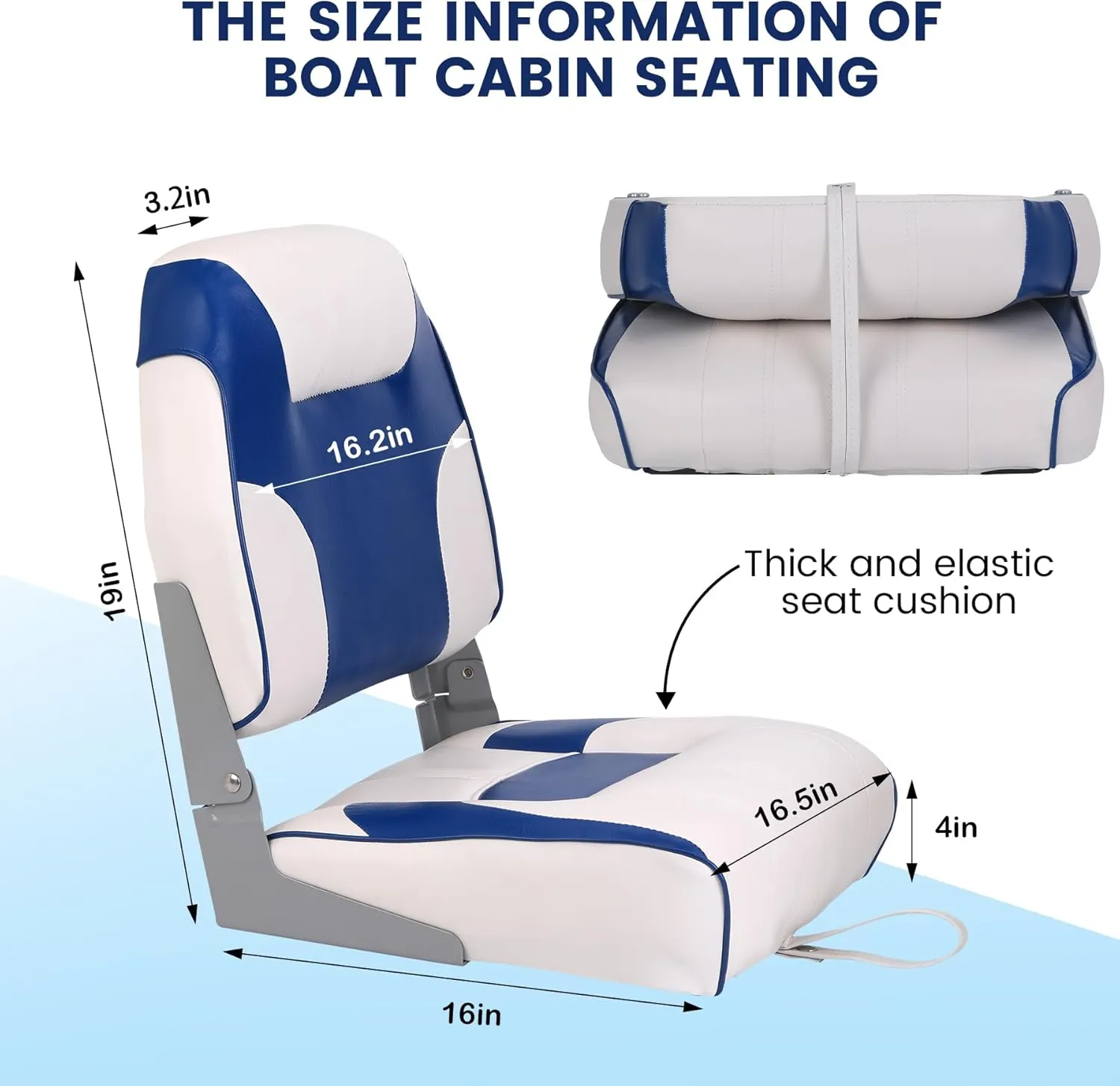 GAOMON 2 Pack Boat Seats Low Back,Boat Seats Stainless Steel Screws Included,Fold-Down Fishing Boat Chair with Thickened Sponge Padding and Hinge for Sightseeing Boat,Speedboat, Canoe,Blue/White