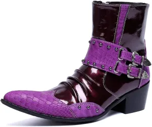 Genuine Leather Ankle Boot for Men Work Boot Pull On Two Tones Metal Monk Strap Wingtip Pointed Toe High Heel