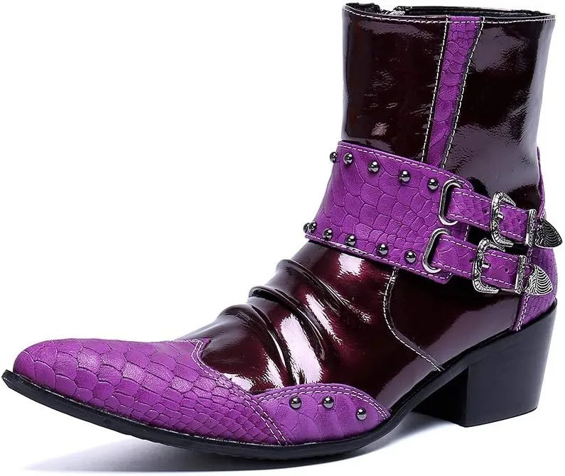 Genuine Leather Ankle Boot for Men Work Boot Pull On Two Tones Metal Monk Strap Wingtip Pointed Toe High Heel