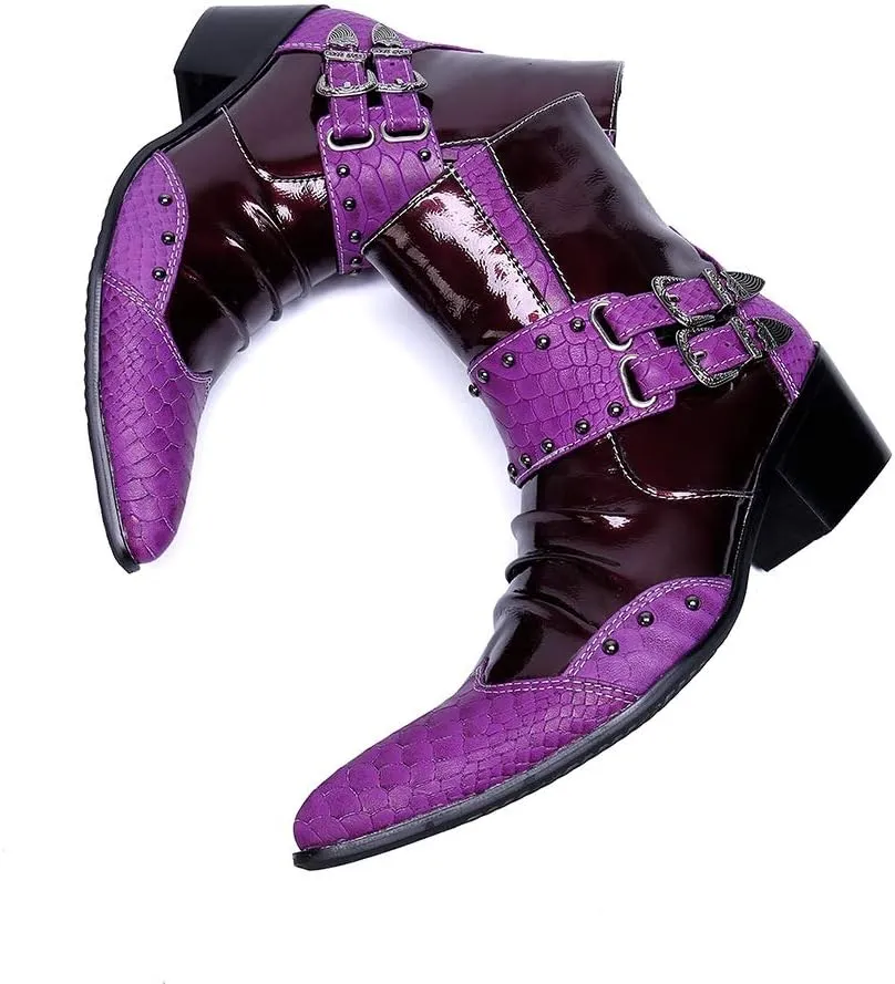 Genuine Leather Ankle Boot for Men Work Boot Pull On Two Tones Metal Monk Strap Wingtip Pointed Toe High Heel
