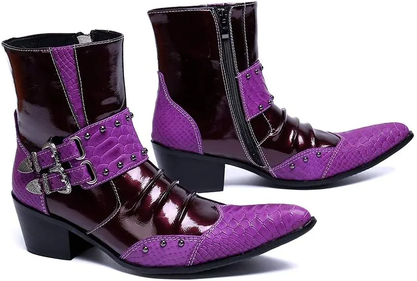 Genuine Leather Ankle Boot for Men Work Boot Pull On Two Tones Metal Monk Strap Wingtip Pointed Toe High Heel