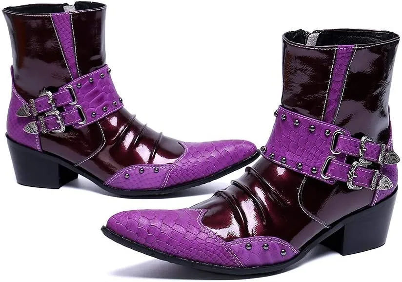 Genuine Leather Ankle Boot for Men Work Boot Pull On Two Tones Metal Monk Strap Wingtip Pointed Toe High Heel