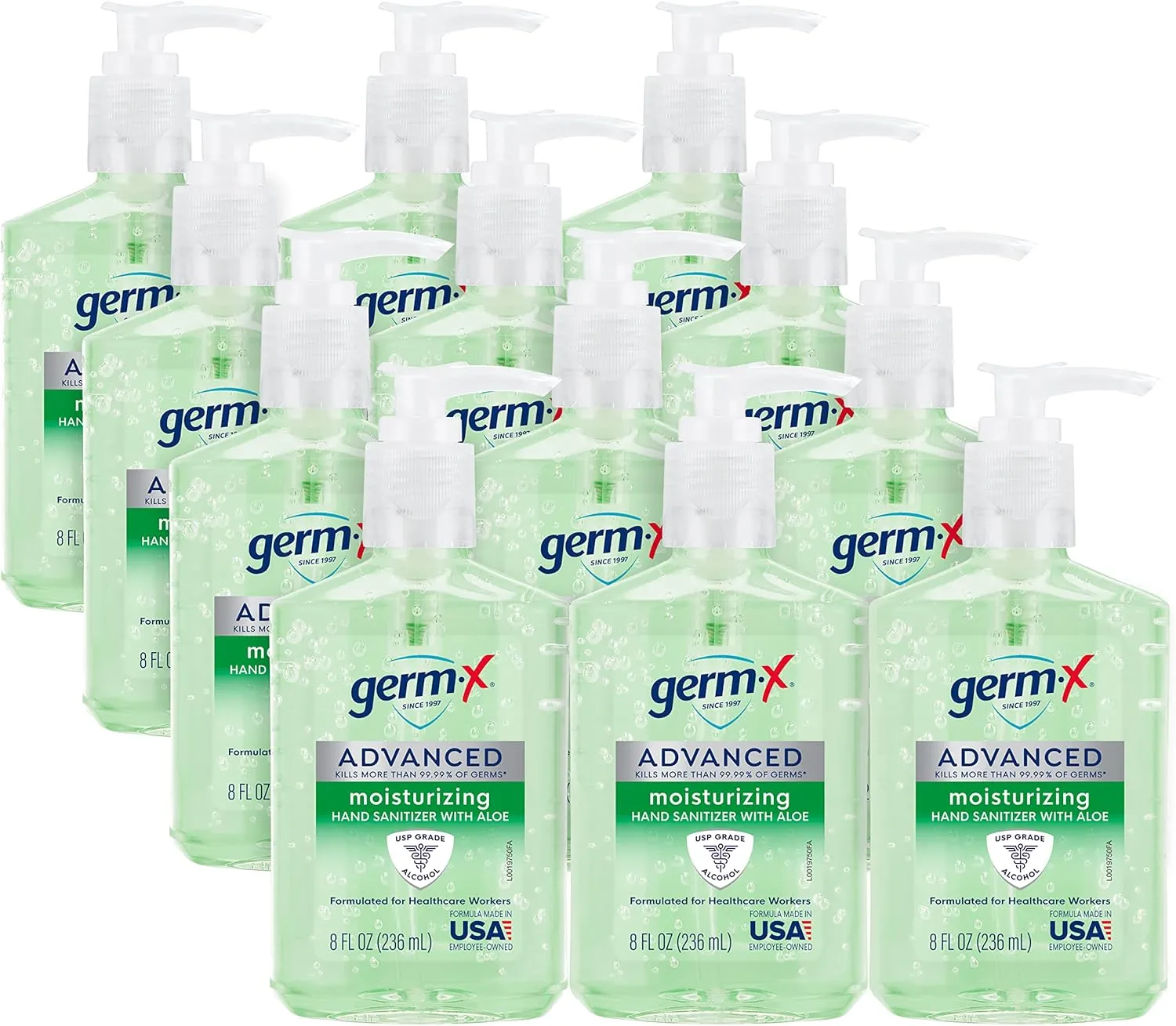 Germ-x Advanced Hand Sanitizer with Aloe and Vitamin E, Non-Drying Moisturizing Gel, Instant and No Rinse Formula, Pump Bottle, 8 Fl Oz (Pack of 12)