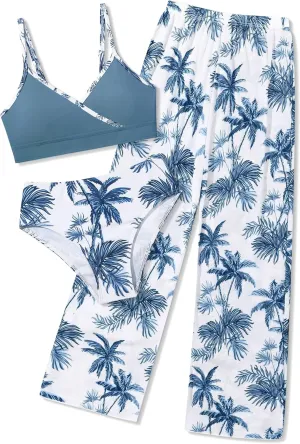 Girls Swimsuit 3 Piece Tropical Print Bathing Suit V Neck Bikini Set with Quick Dry Cover Up Pants 9-16Y
