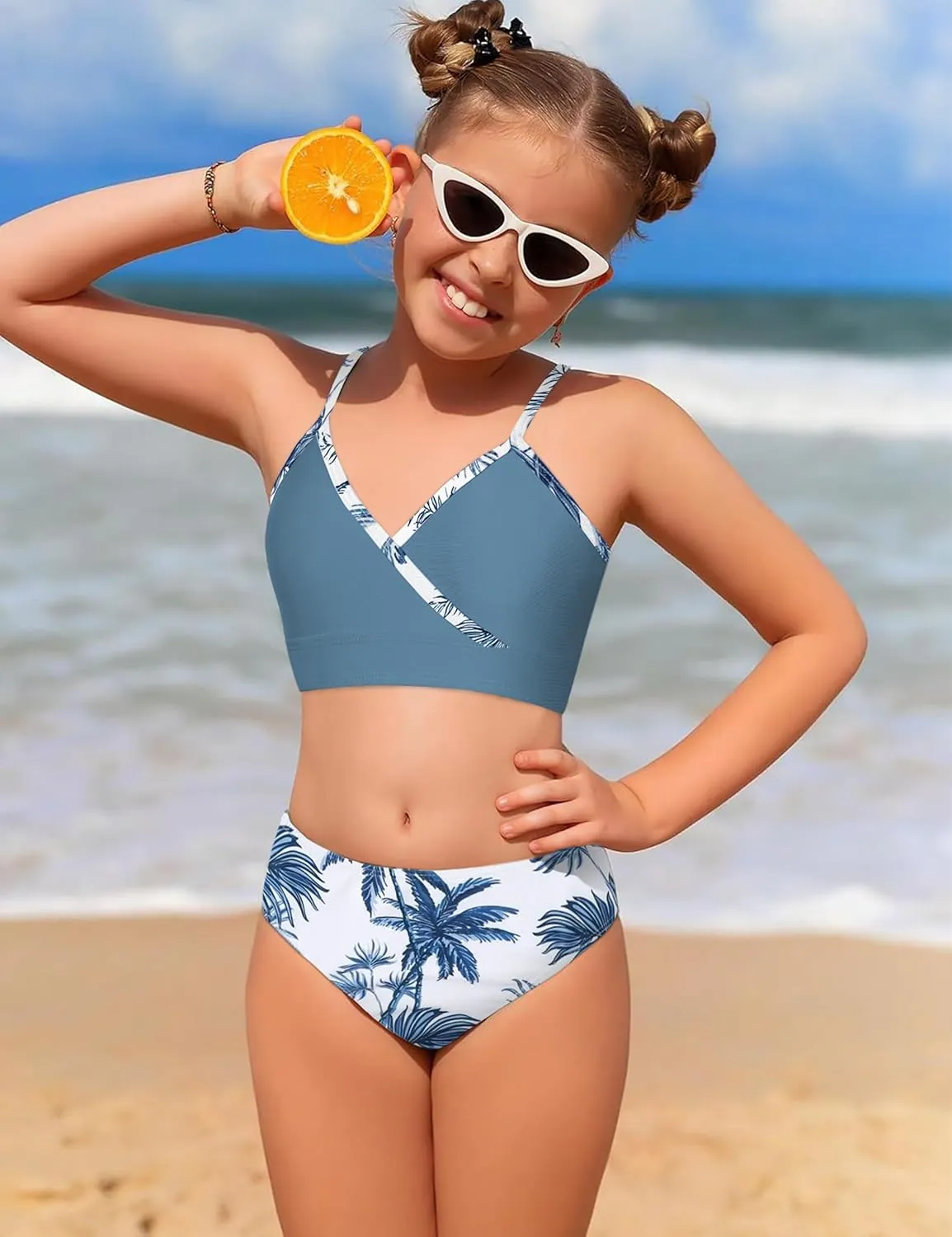 Girls Swimsuit 3 Piece Tropical Print Bathing Suit V Neck Bikini Set with Quick Dry Cover Up Pants 9-16Y