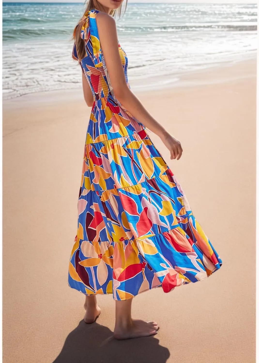 GOLDSTITCH Women's Summer Boho Spaghetti Strap Ruffle A Line Beach Long Maxi Dress