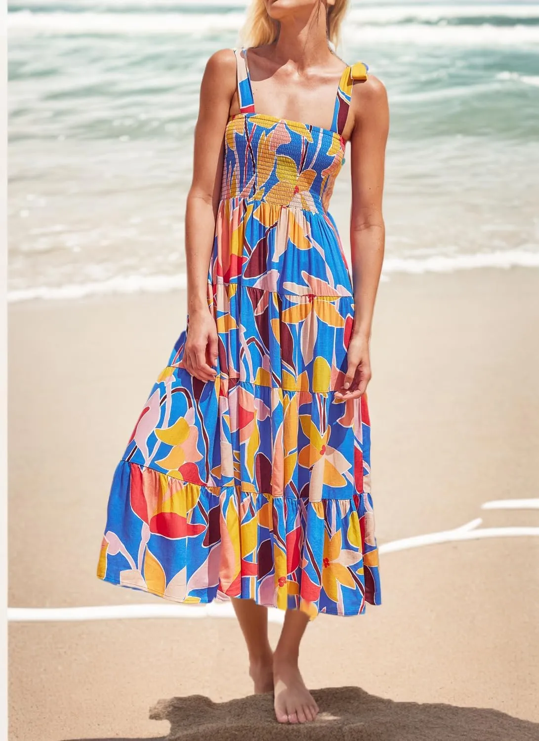 GOLDSTITCH Women's Summer Boho Spaghetti Strap Ruffle A Line Beach Long Maxi Dress