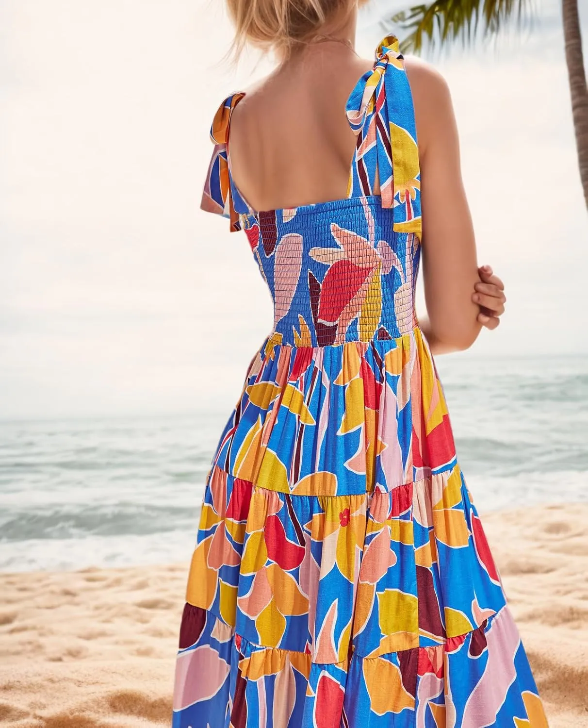 GOLDSTITCH Women's Summer Boho Spaghetti Strap Ruffle A Line Beach Long Maxi Dress