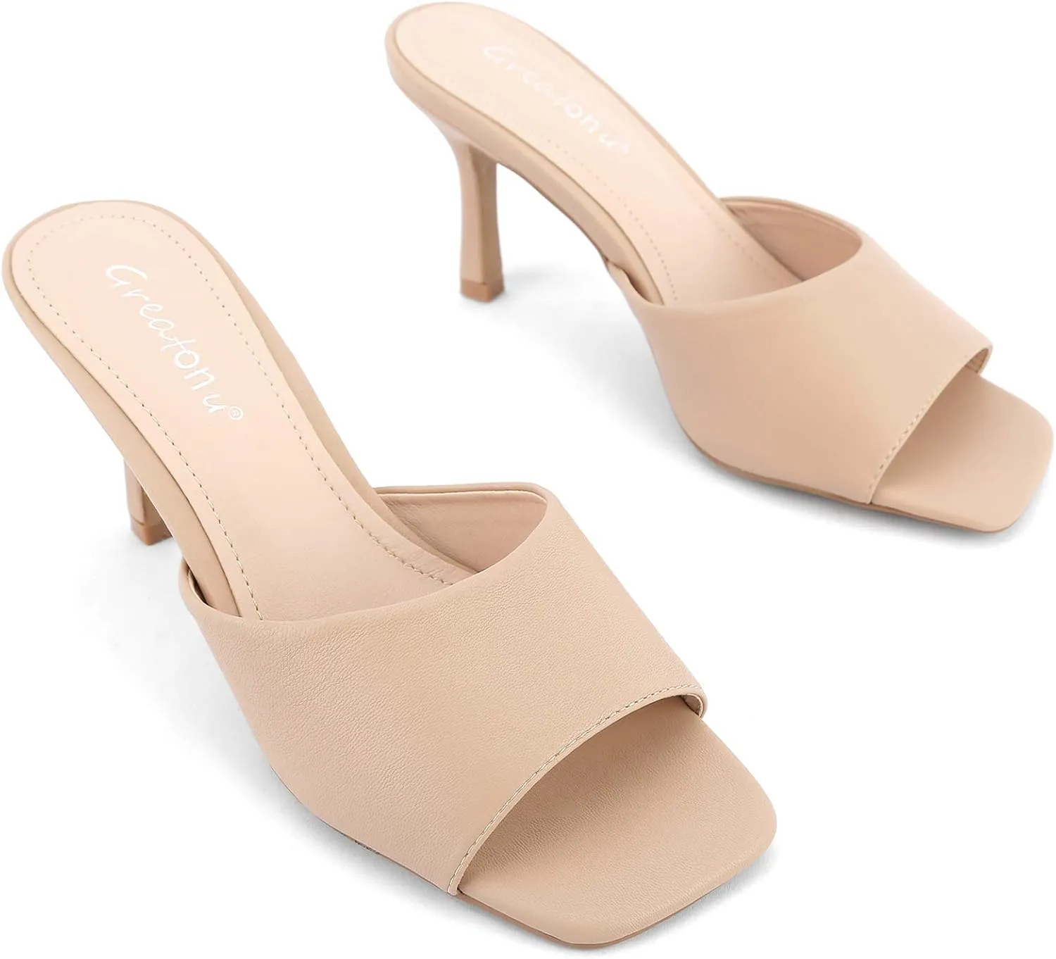 Greatonu Women's Square Toe heels Open Toe Slip-on Sandals Heeled Mules