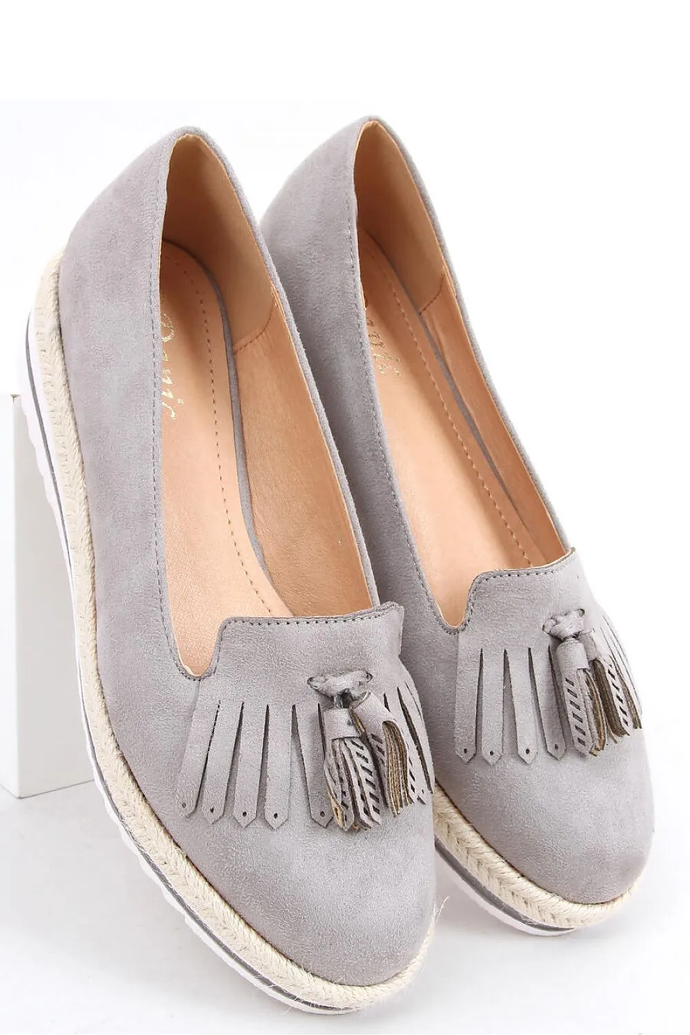 Grey Eco-Suede Loafers with Fringe Tassel and Espadrille Sole
