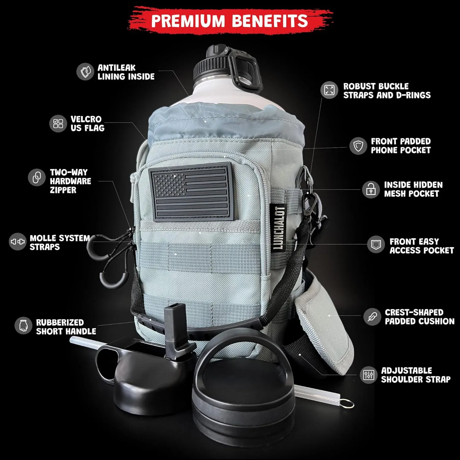Half Gallon Water Bottle Jug - 84 Oz Insulated Stainless Steel Metal Water Jug with Holder - Carrying Bag - Spout Handle - Straw Lids - Keep Cold & Hot - White Tactical Flask