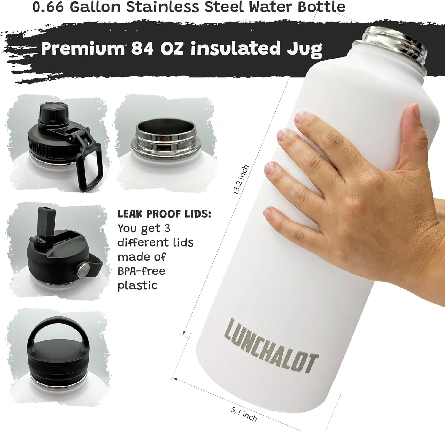 Half Gallon Water Bottle Jug - 84 Oz Insulated Stainless Steel Metal Water Jug with Holder - Carrying Bag - Spout Handle - Straw Lids - Keep Cold & Hot - White Tactical Flask