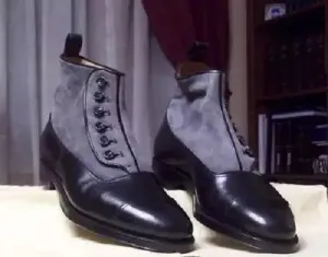 Handmade Black and Gray Ankle Cap Toe Boots for Men