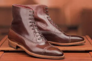 Handmade Brown Leather Cap Toe Boots for Men