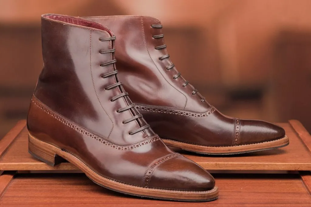 Handmade Brown Leather Cap Toe Boots for Men