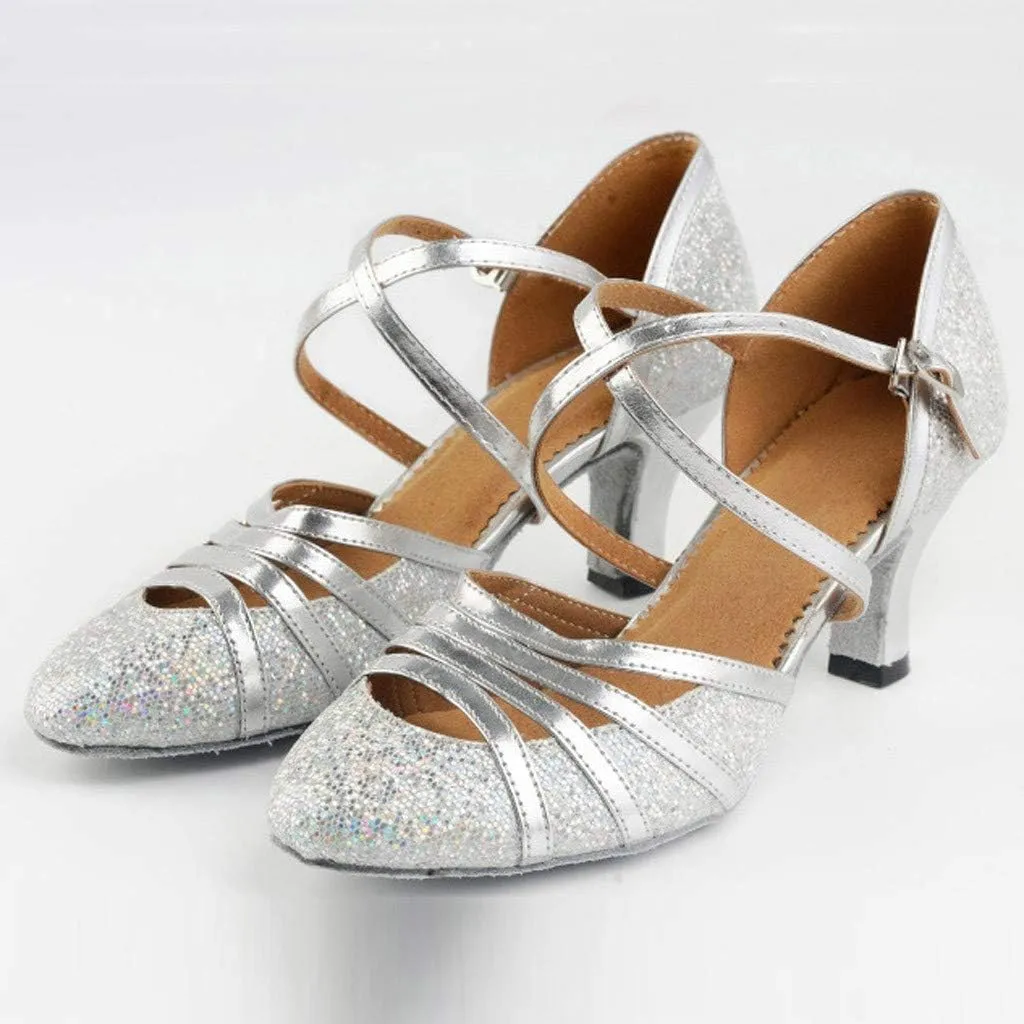 Hbeylia Vintage Dress Pump Sandals Shoes for Women Ladies Glitter Sequin Round Toe Chunky Mid Heels Cross Ankle Strap Dressy Ballet Flats Retro Ballroom Latin Salsa Dance Shoes for Wedding Party