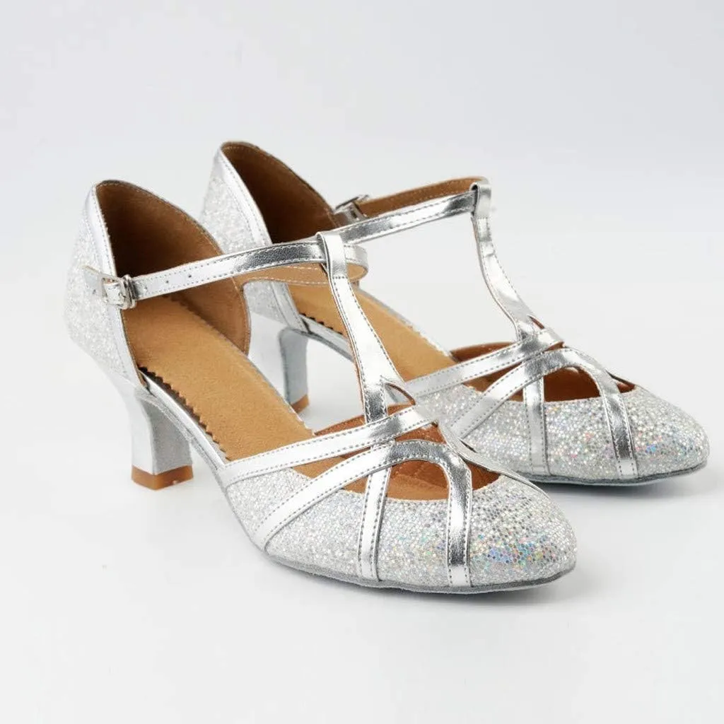 Hbeylia Vintage Dress Pump Sandals Shoes for Women Ladies Glitter Sequin Round Toe Chunky Mid Heels Cross Ankle Strap Dressy Ballet Flats Retro Ballroom Latin Salsa Dance Shoes for Wedding Party