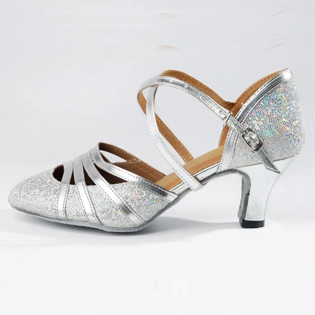 Hbeylia Vintage Dress Pump Sandals Shoes for Women Ladies Glitter Sequin Round Toe Chunky Mid Heels Cross Ankle Strap Dressy Ballet Flats Retro Ballroom Latin Salsa Dance Shoes for Wedding Party