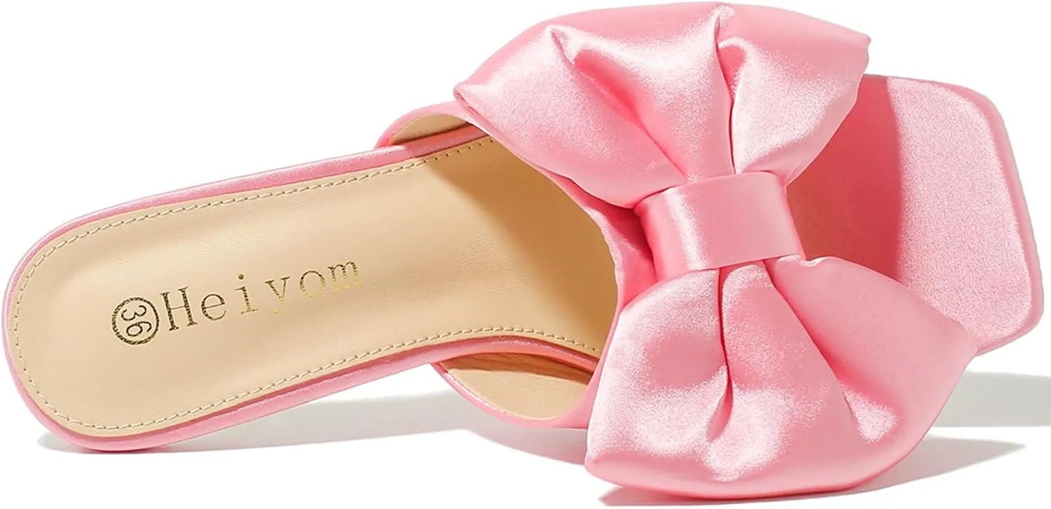 Heiyom Women's Bow Clear Heels Slippers Dress Sandals Square Toe Stiletto Mules Slip on Wedding Prom Shoes