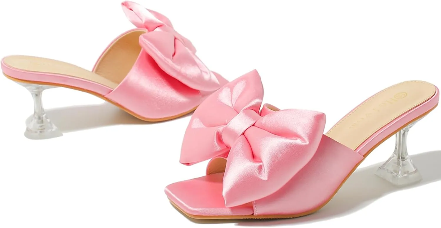 Heiyom Women's Bow Clear Heels Slippers Dress Sandals Square Toe Stiletto Mules Slip on Wedding Prom Shoes