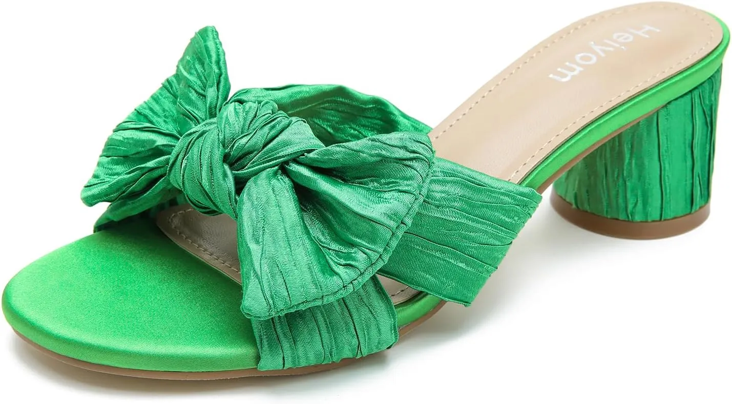 Heiyom Women's Bowknot Low Chunky Heels Mules Sandals Slip on Pleated Bow Heels Wedding Bridal Party Dress Shoes