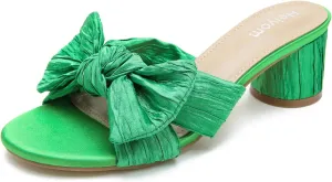 Heiyom Women's Bowknot Low Chunky Heels Mules Sandals Slip on Pleated Bow Heels Wedding Bridal Party Dress Shoes
