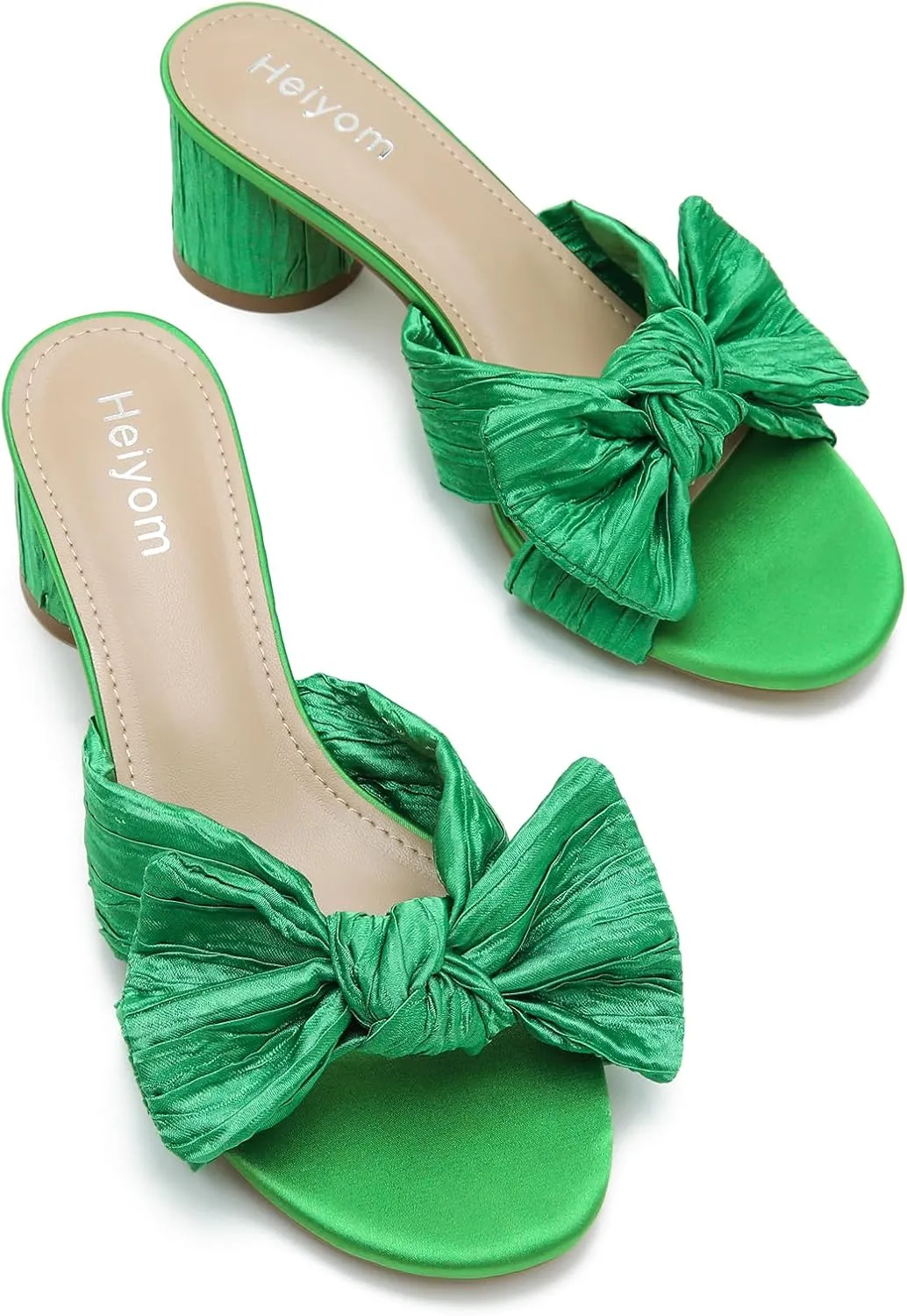 Heiyom Women's Bowknot Low Chunky Heels Mules Sandals Slip on Pleated Bow Heels Wedding Bridal Party Dress Shoes
