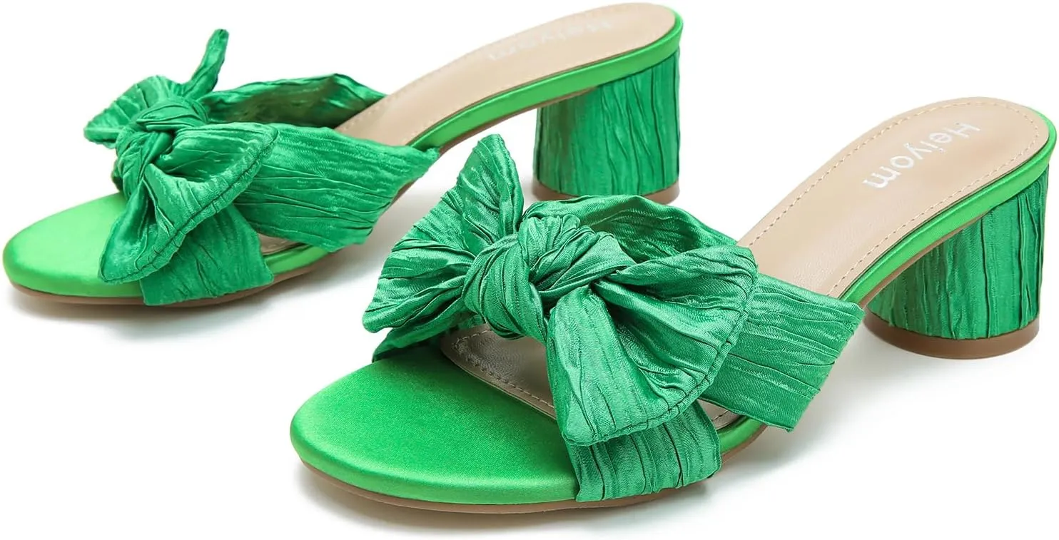 Heiyom Women's Bowknot Low Chunky Heels Mules Sandals Slip on Pleated Bow Heels Wedding Bridal Party Dress Shoes