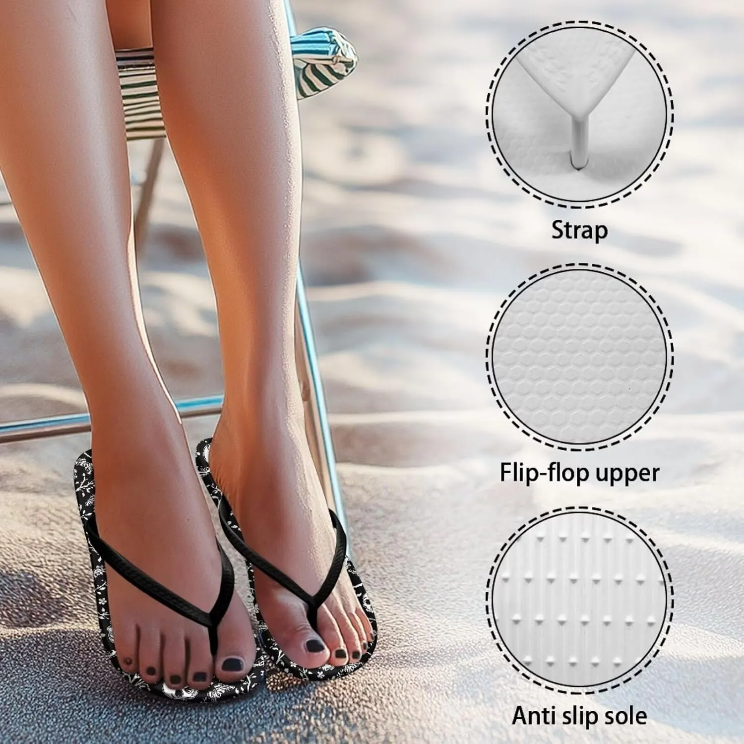 Howilath Gothic Skull Print Women Flip Flops Pool Beach Thong Sandals Soft Bathroom Shower Shoes with Arch Support