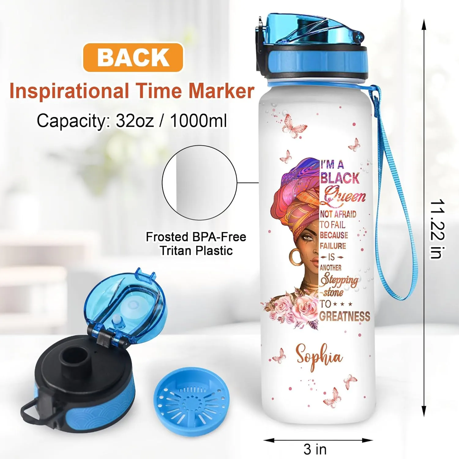 Hyturtle Personalized Black Queen Water Bottle - 32oz Motivational Water Bottle with Leak-Proof Lid Time Marker - Custom Name African American Black Queen Gift for Black Women On Birthday Mothers day