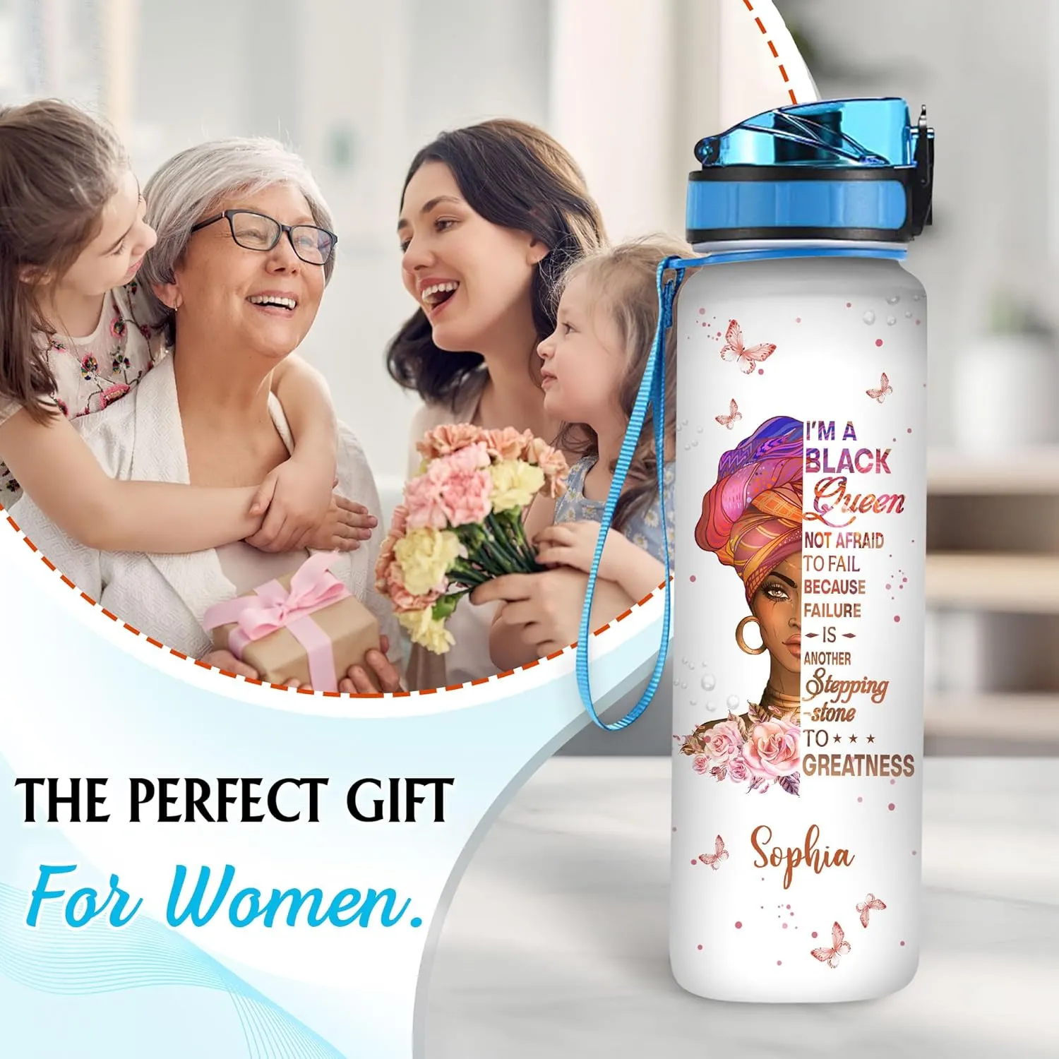 Hyturtle Personalized Black Queen Water Bottle - 32oz Motivational Water Bottle with Leak-Proof Lid Time Marker - Custom Name African American Black Queen Gift for Black Women On Birthday Mothers day