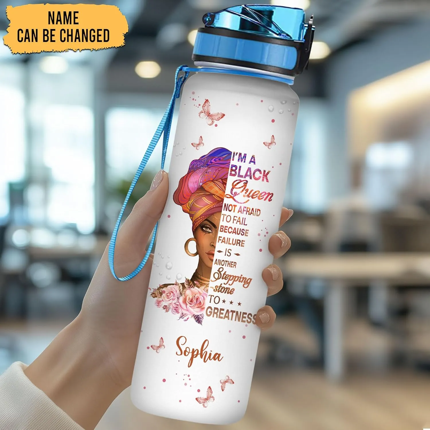Hyturtle Personalized Black Queen Water Bottle - 32oz Motivational Water Bottle with Leak-Proof Lid Time Marker - Custom Name African American Black Queen Gift for Black Women On Birthday Mothers day