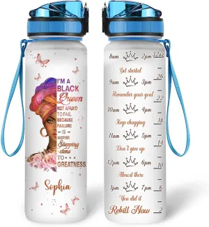 Hyturtle Personalized Black Queen Water Bottle - 32oz Motivational Water Bottle with Leak-Proof Lid Time Marker - Custom Name African American Black Queen Gift for Black Women On Birthday Mothers day