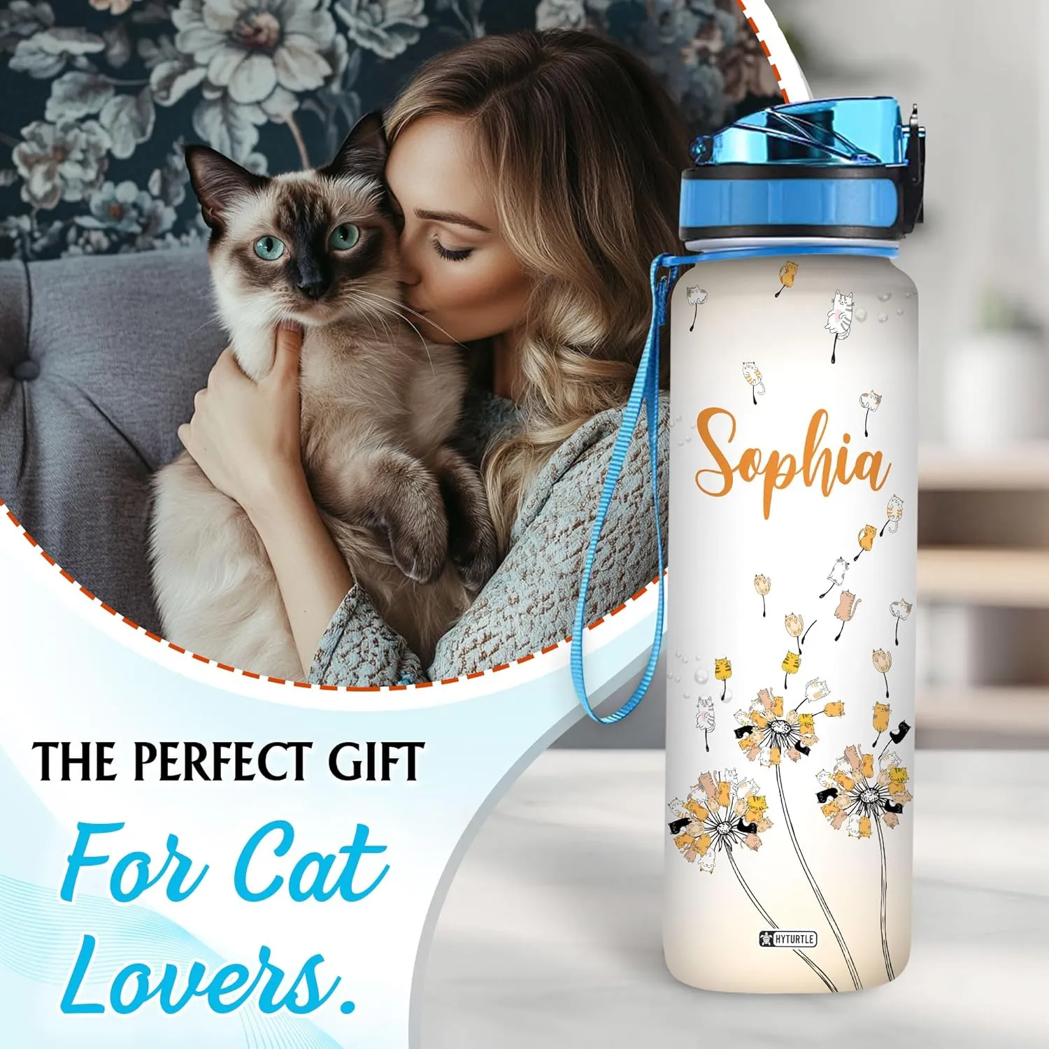 Hyturtle Personalized Cat Water Bottle - 32oz Motivational Water Bottle with Leak-Proof Lid & Time Marker, BPA-Free - Custom Name Gift for Cat Lovers, Women, Girls - Birthday & Christmas Gift
