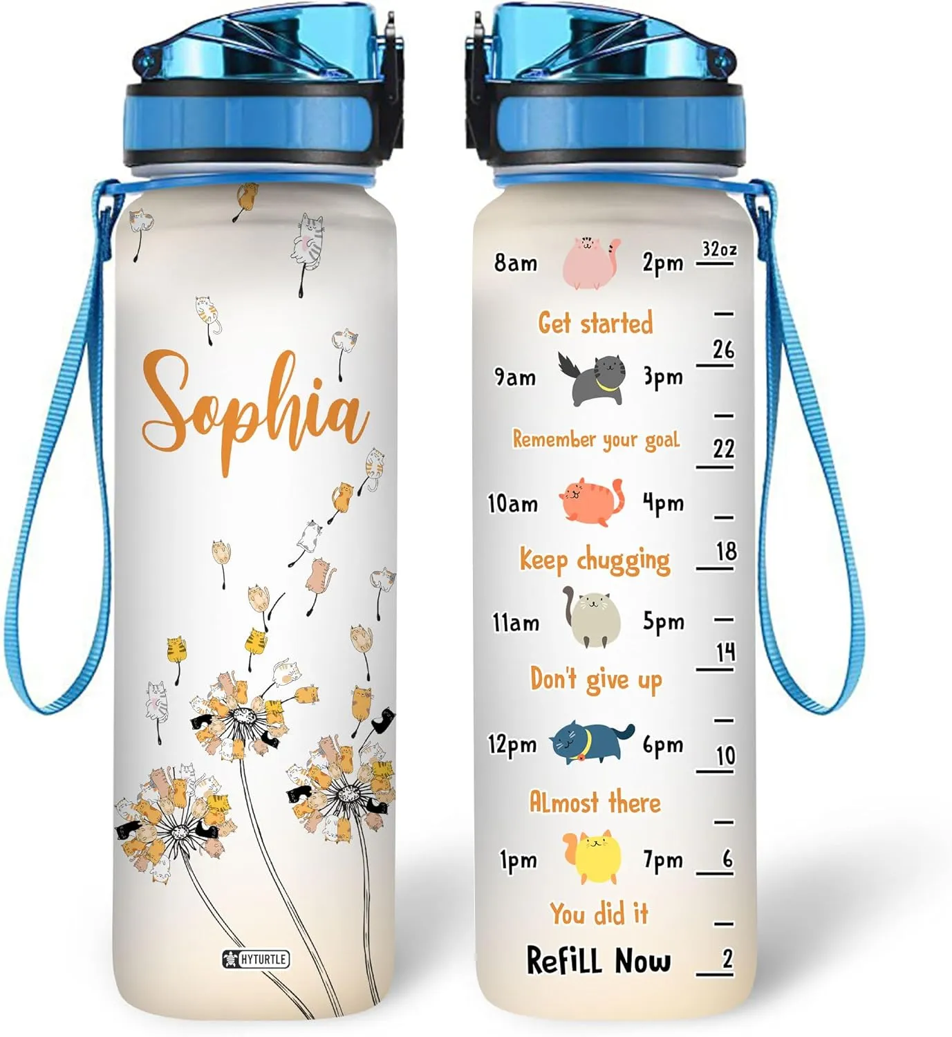 Hyturtle Personalized Cat Water Bottle - 32oz Motivational Water Bottle with Leak-Proof Lid & Time Marker, BPA-Free - Custom Name Gift for Cat Lovers, Women, Girls - Birthday & Christmas Gift