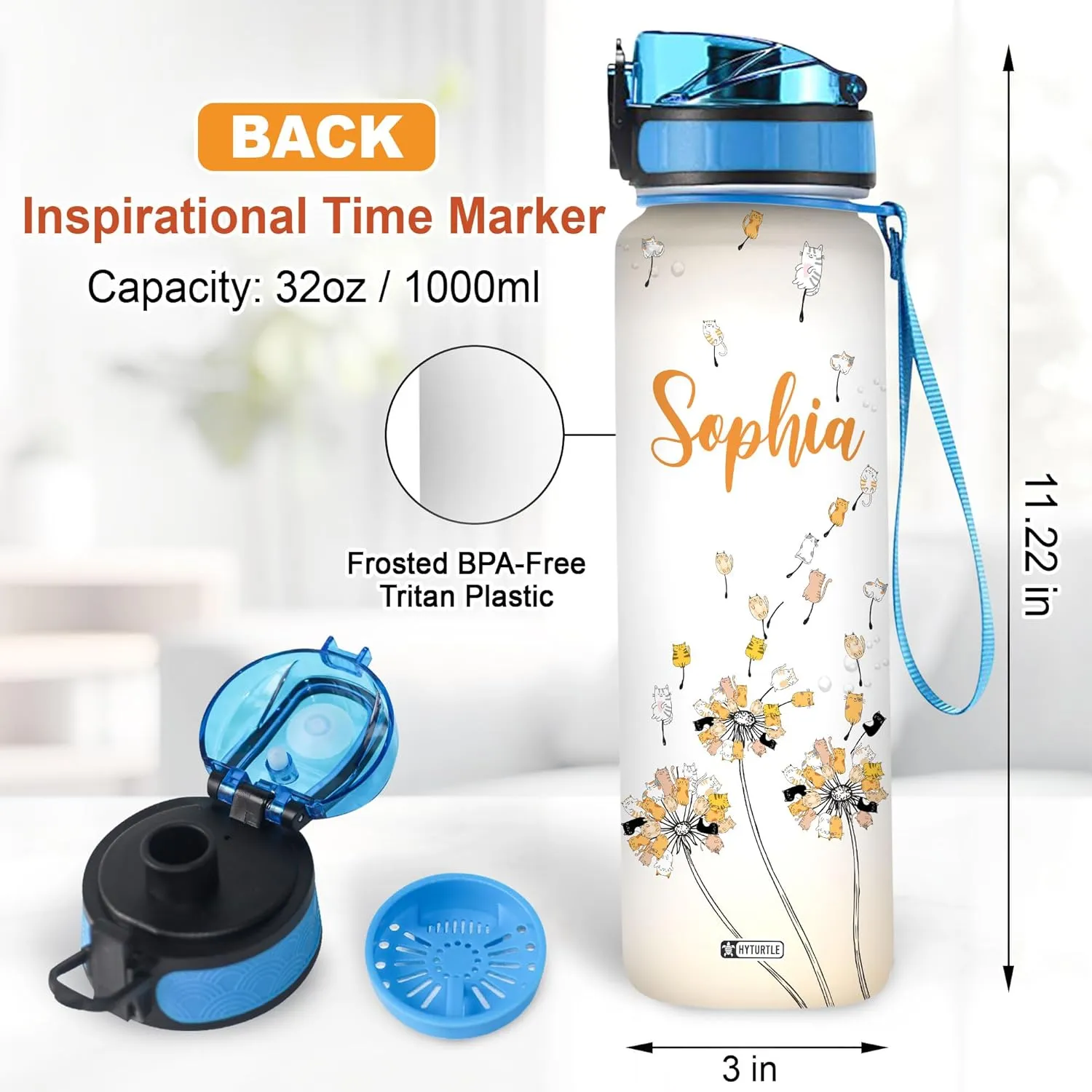 Hyturtle Personalized Cat Water Bottle - 32oz Motivational Water Bottle with Leak-Proof Lid & Time Marker, BPA-Free - Custom Name Gift for Cat Lovers, Women, Girls - Birthday & Christmas Gift