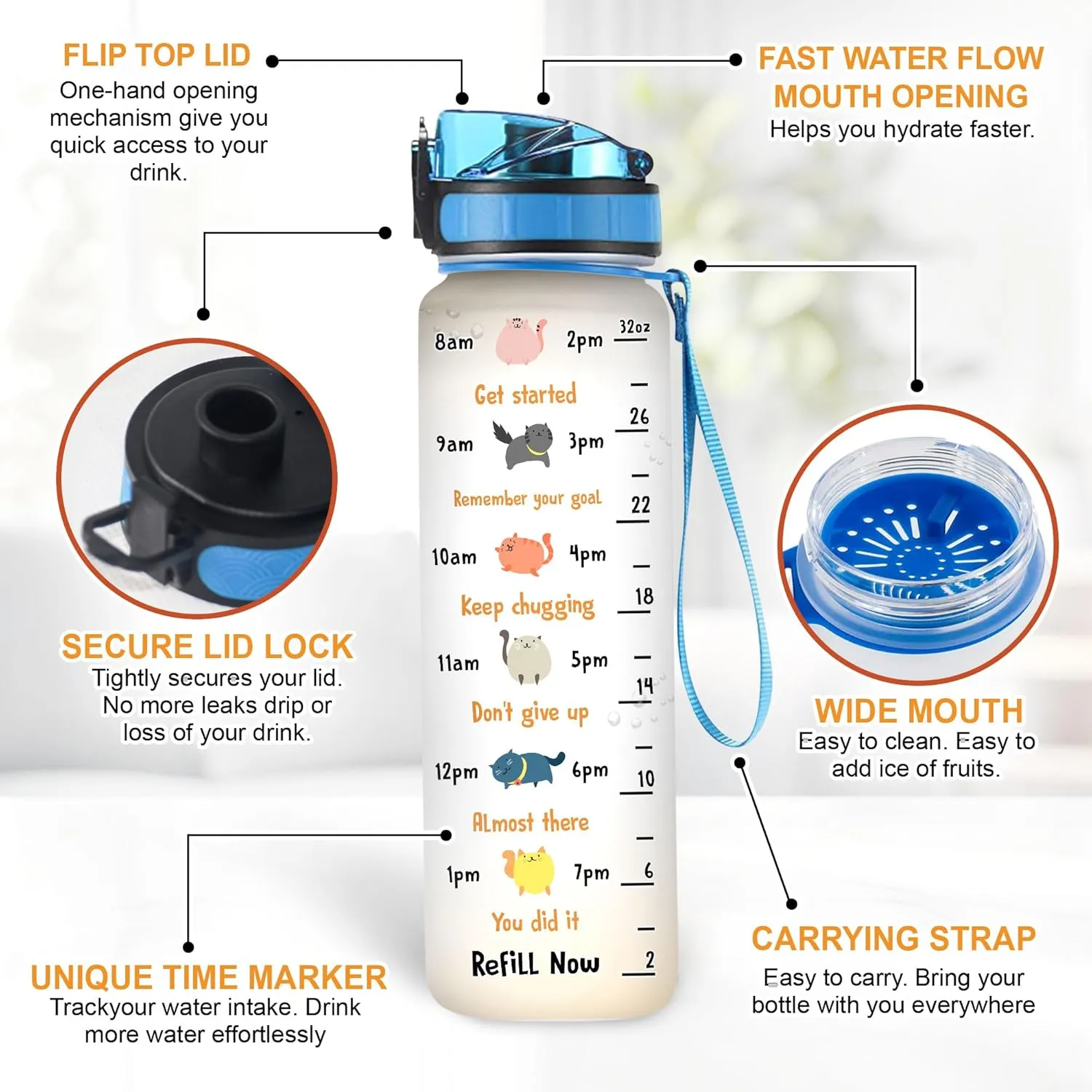 Hyturtle Personalized Cat Water Bottle - 32oz Motivational Water Bottle with Leak-Proof Lid & Time Marker, BPA-Free - Custom Name Gift for Cat Lovers, Women, Girls - Birthday & Christmas Gift
