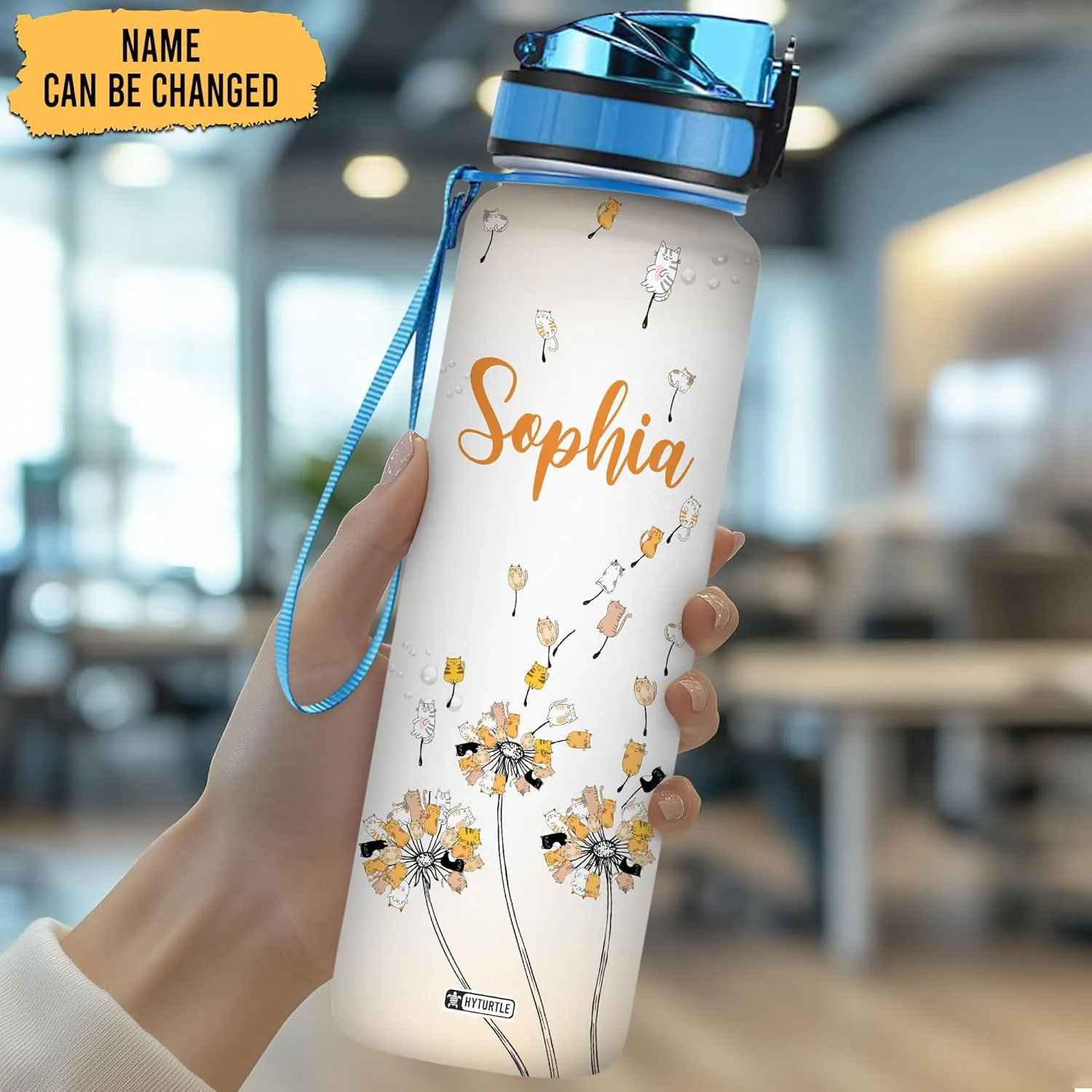 Hyturtle Personalized Cat Water Bottle - 32oz Motivational Water Bottle with Leak-Proof Lid & Time Marker, BPA-Free - Custom Name Gift for Cat Lovers, Women, Girls - Birthday & Christmas Gift