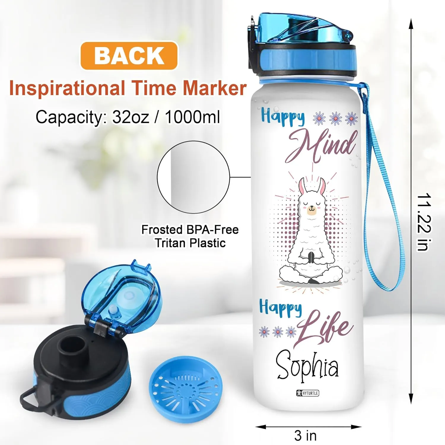 Hyturtle Personalized Llama Water Bottle - 32oz Motivational Water Bottle with Leak-Proof Lid & Time Marker - Custom Name Gift for Women, Girls, Llama Lovers Yoga Lovers On Birthday Christmas