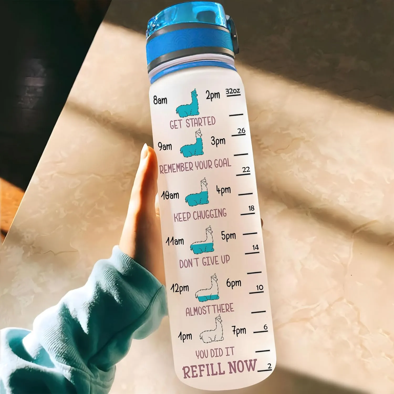 Hyturtle Personalized Llama Water Bottle - 32oz Motivational Water Bottle with Leak-Proof Lid & Time Marker - Custom Name Gift for Women, Girls, Llama Lovers Yoga Lovers On Birthday Christmas
