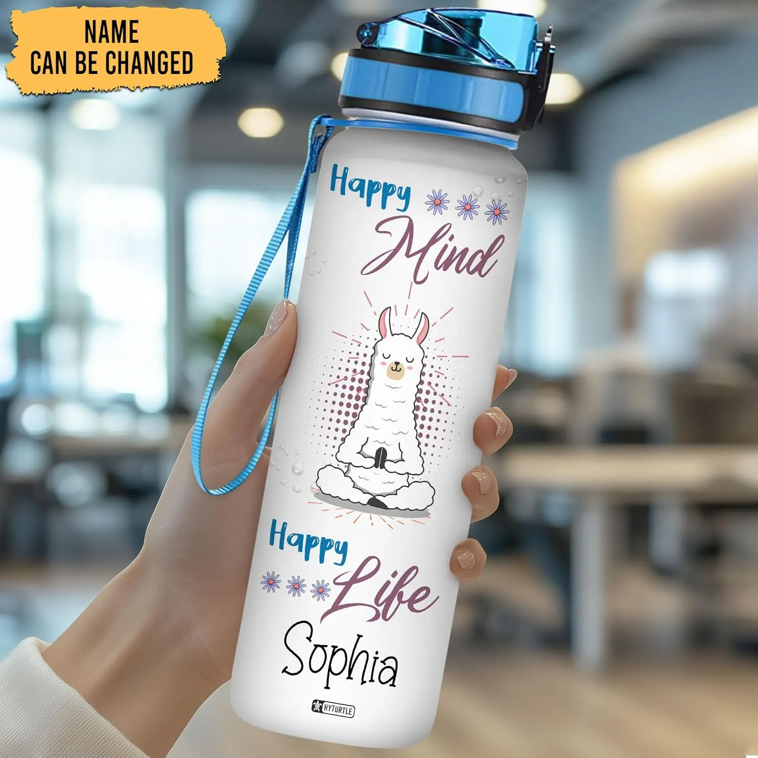 Hyturtle Personalized Llama Water Bottle - 32oz Motivational Water Bottle with Leak-Proof Lid & Time Marker - Custom Name Gift for Women, Girls, Llama Lovers Yoga Lovers On Birthday Christmas
