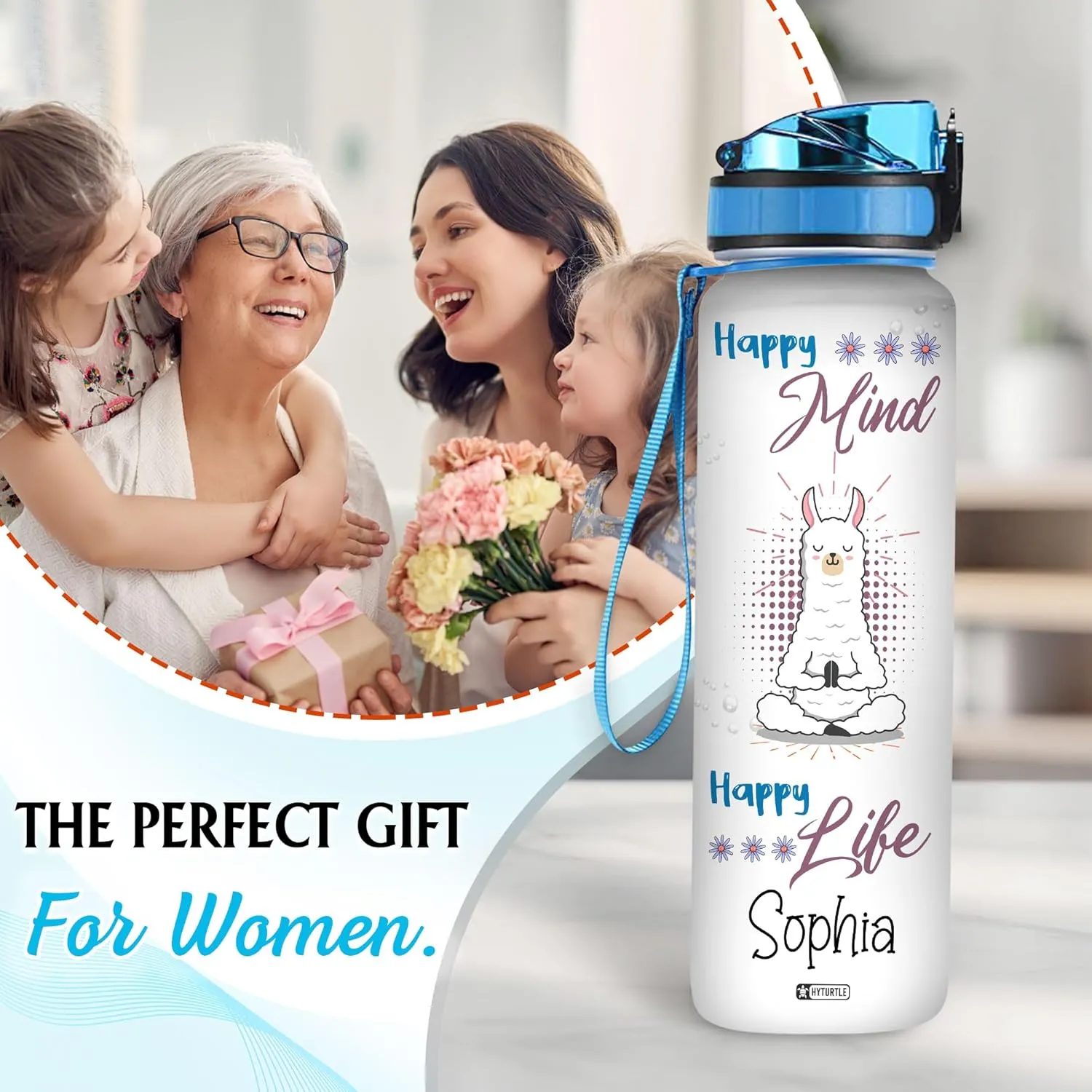 Hyturtle Personalized Llama Water Bottle - 32oz Motivational Water Bottle with Leak-Proof Lid & Time Marker - Custom Name Gift for Women, Girls, Llama Lovers Yoga Lovers On Birthday Christmas