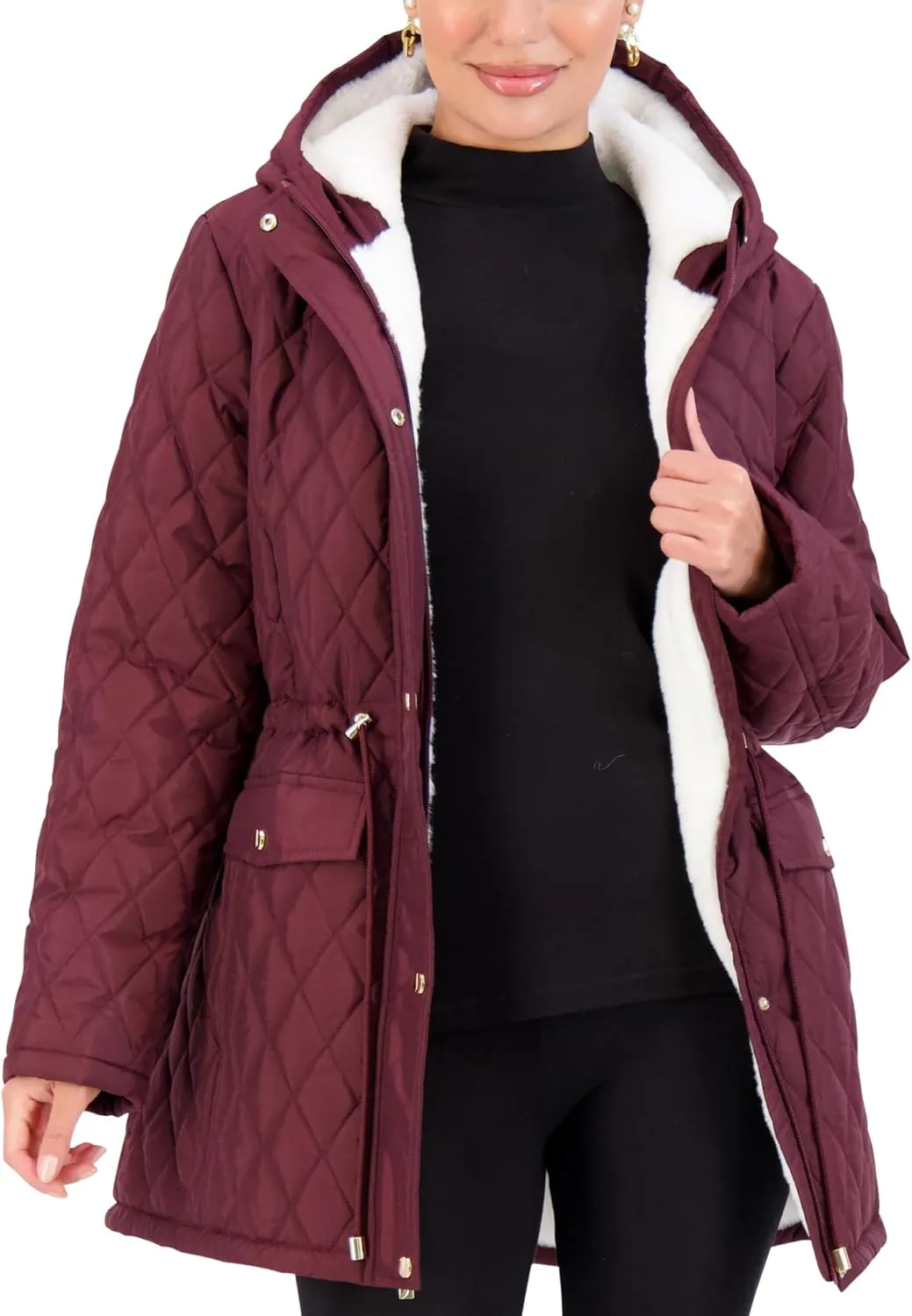 Jones NY Diamond-Quilted Jacket Anorak with Fur Lining - Winter Coats for Women, Black