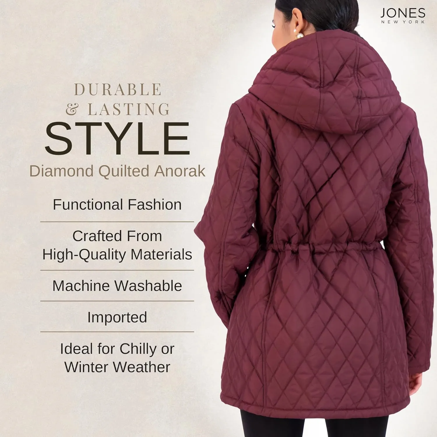 Jones NY Diamond-Quilted Jacket Anorak with Fur Lining - Winter Coats for Women, Black