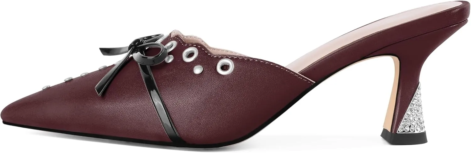 Joseywade Mule Heels For Women Bow Tie Kitten Heels Rhinestone Pointed Toe Studded Slip on Shoes US Size 5-13