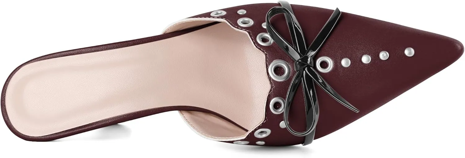 Joseywade Mule Heels For Women Bow Tie Kitten Heels Rhinestone Pointed Toe Studded Slip on Shoes US Size 5-13