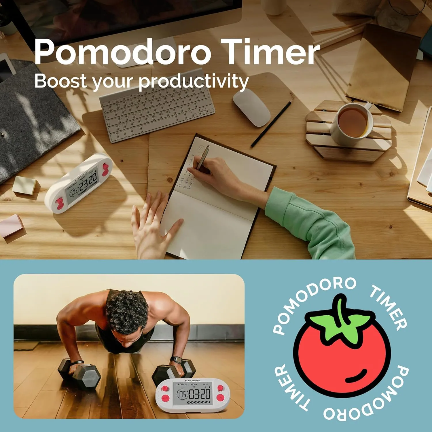 KADAMS Pomodoro Timer for Productivity Interval Countdown for Study Exams Gym Workouts Exercise HIIT Tabata -Magnets, Stand (Red)