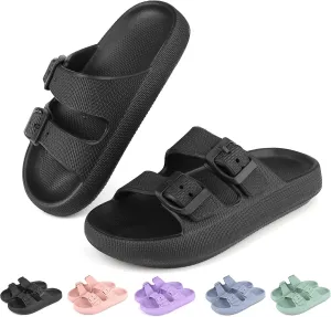 Kids Buckle Cloud Slides丨Boys Girls Slip On Sandals丨Youth Shower Flip Flops Beach Pool Shoes EVA Adjustable Summer Slippers （12 Little Kids - 7 Big Kids）
