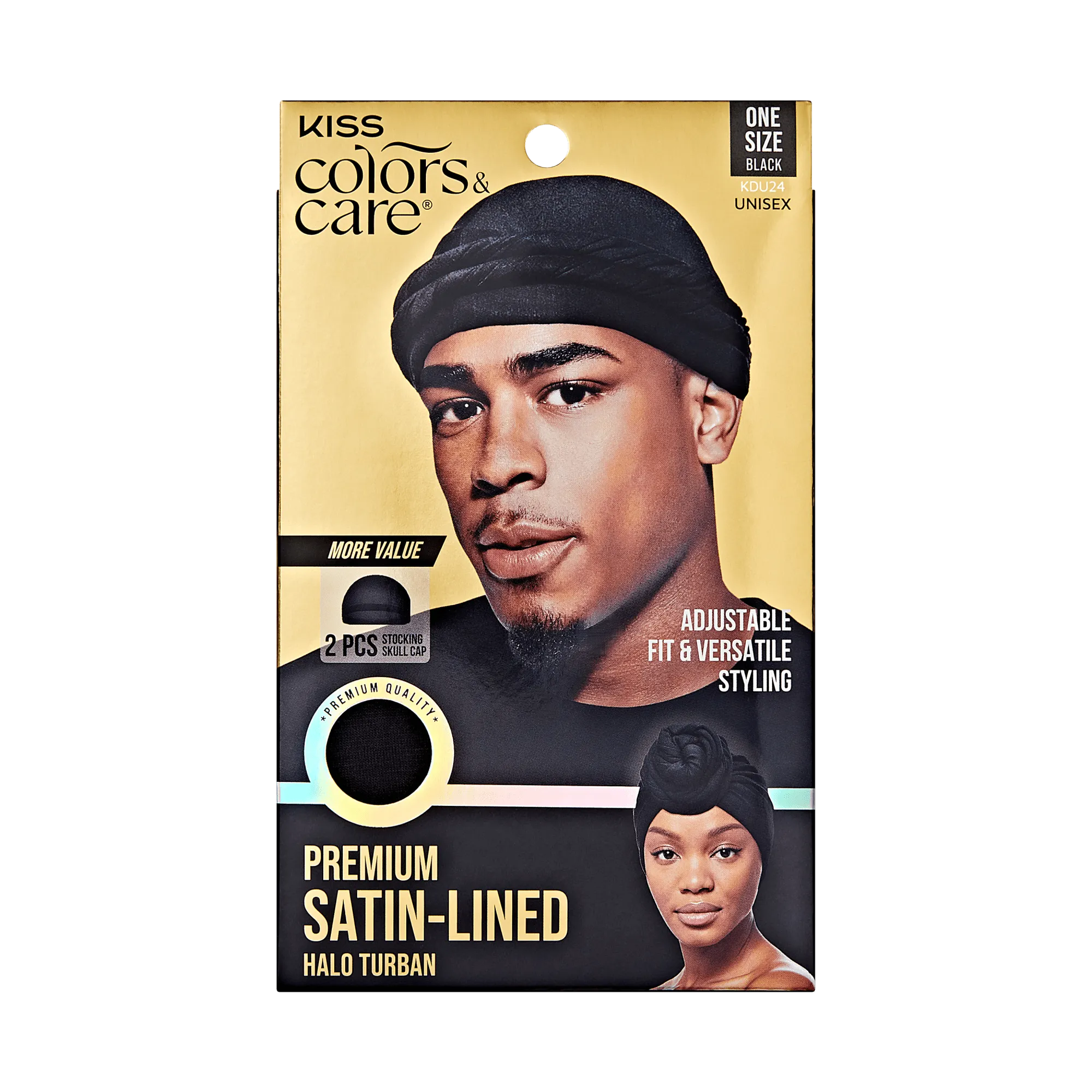 KISS Colors & Care Premium Satin-Lined Halo Turban & 2 Wave Cap, Black